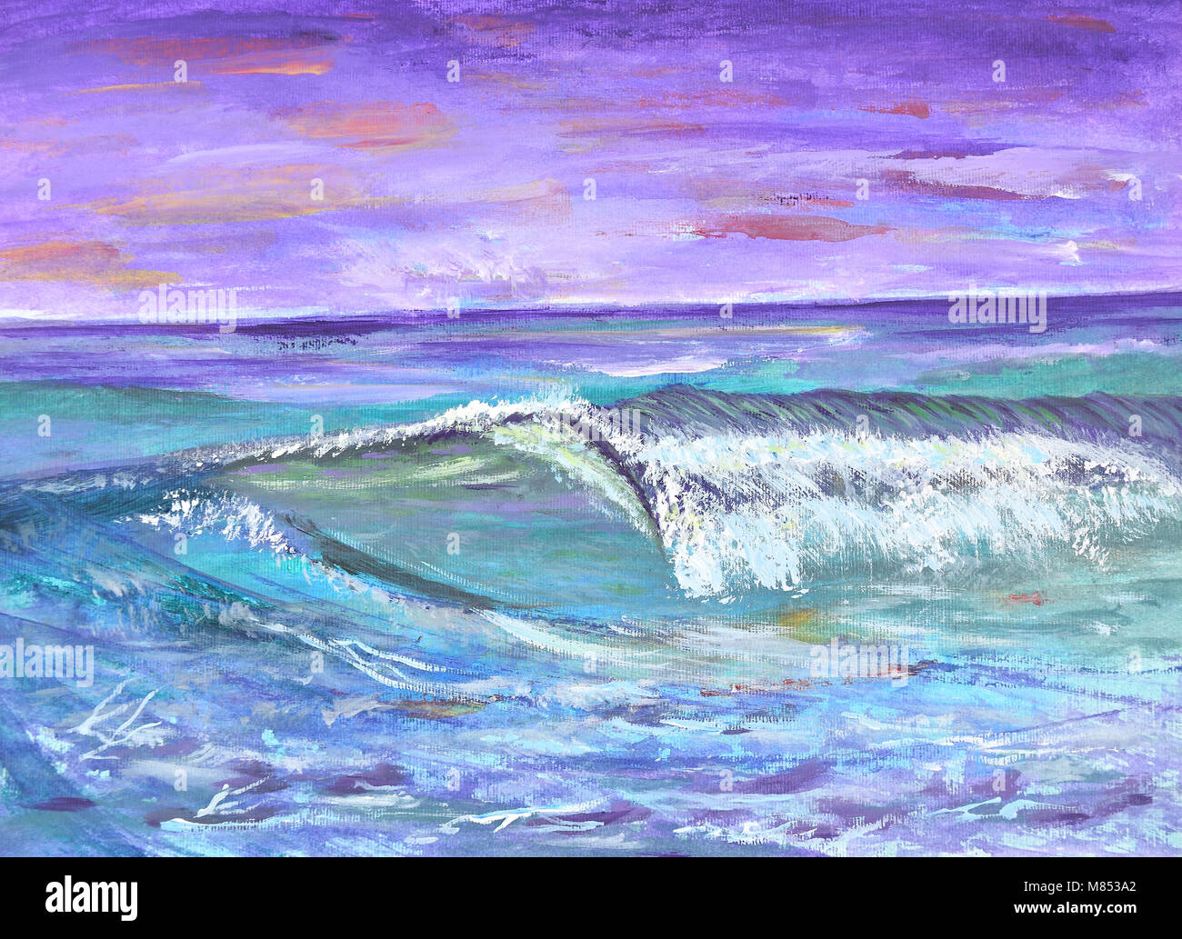 Sea wave with foam and fiery sunset colourful painting Stock Photo