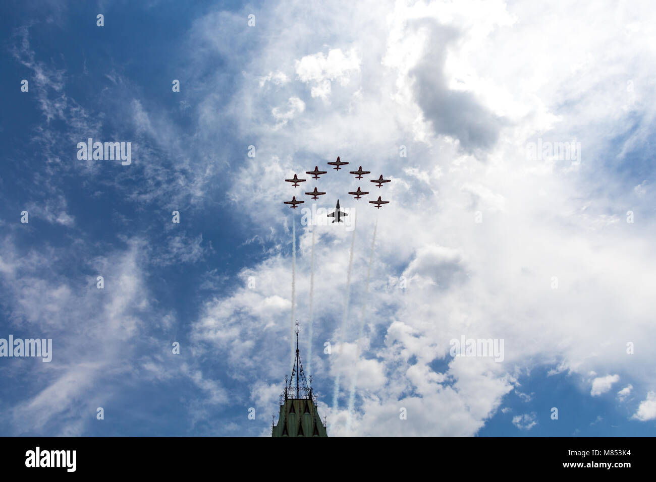 Snowbirds fly by Parliament Hill on Canada Day in Ottawa Stock Photo