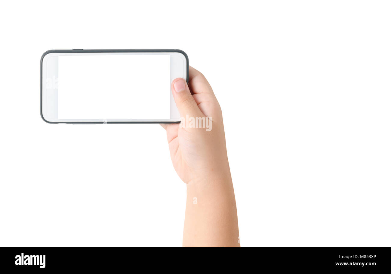 child hand hold mobile phone with blank white screen isolated on white ...
