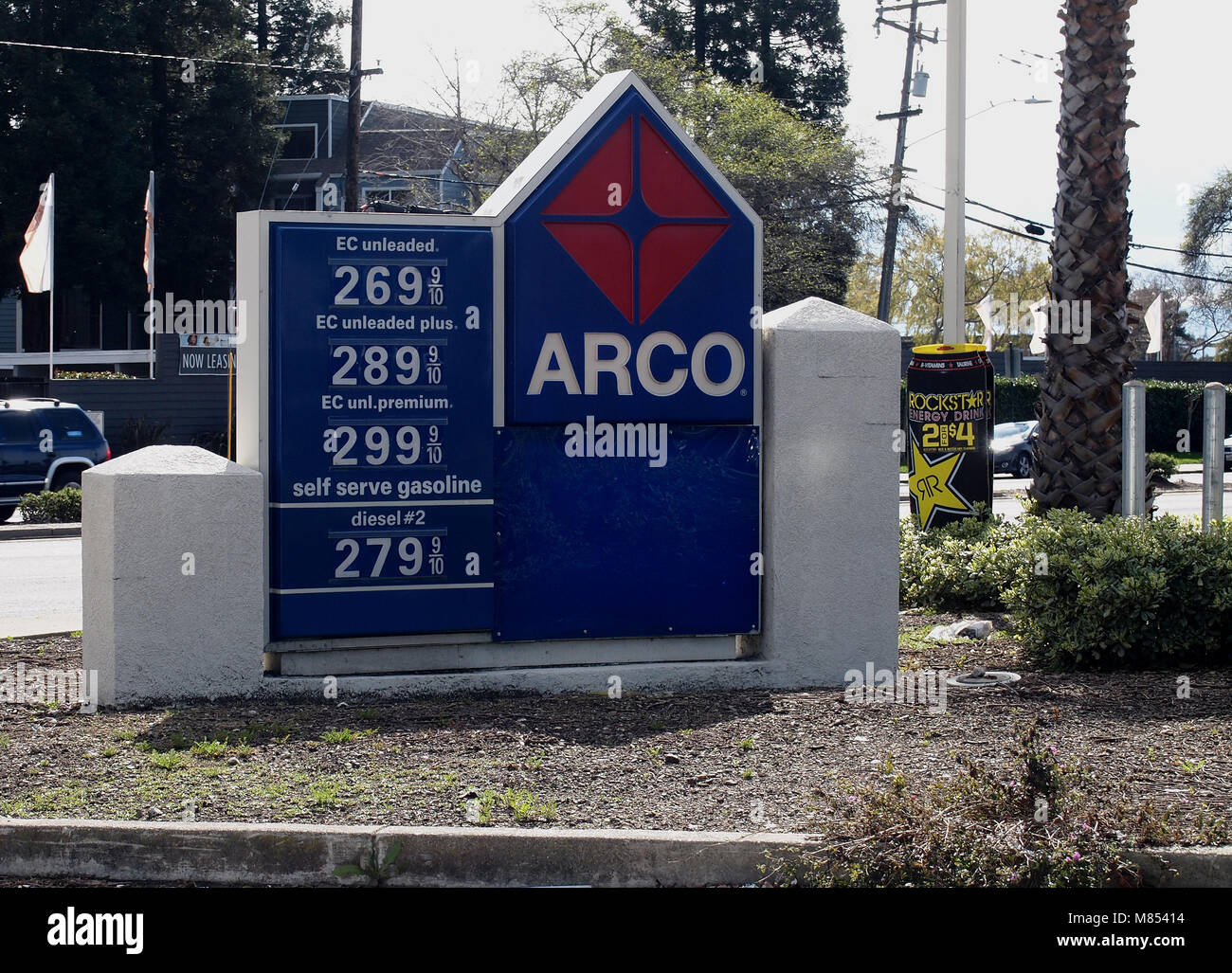Arco gas station prices per gallon, self serve sign, California Stock Photo