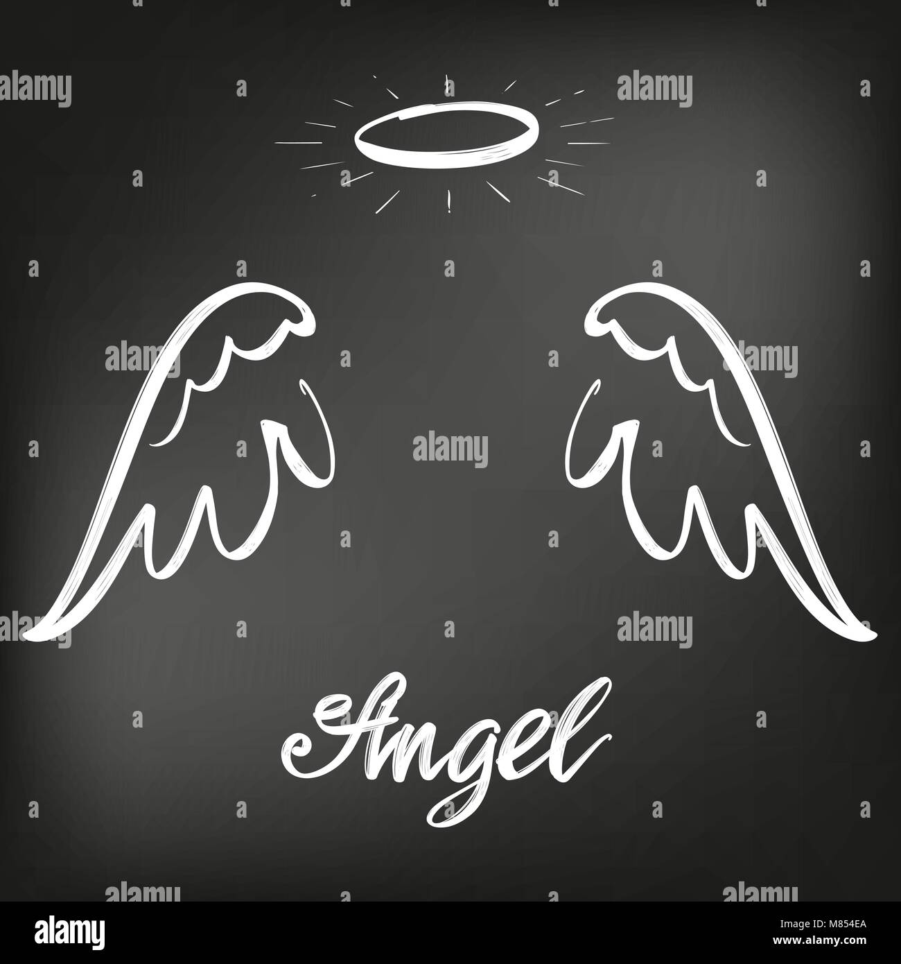 Angel wings icon sketch collection, religious calligraphic text symbol of Christianity hand drawn vector illustration sketch, drawn in chalk on a black Board Stock Vector