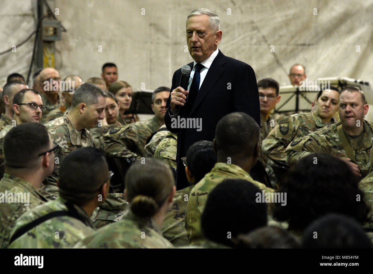 James Mattis, U.S. Secretary of Defense, conducts an all call with the men and women of Bagram Airfield, Afghanistan on Mar. 14, 2018. Mattis thanked the men and women at BAF for their service and sacrifice and answered questions about various topics. (U.S. Air Force photo/Tech. Sgt. Justin Jacobs) Stock Photo