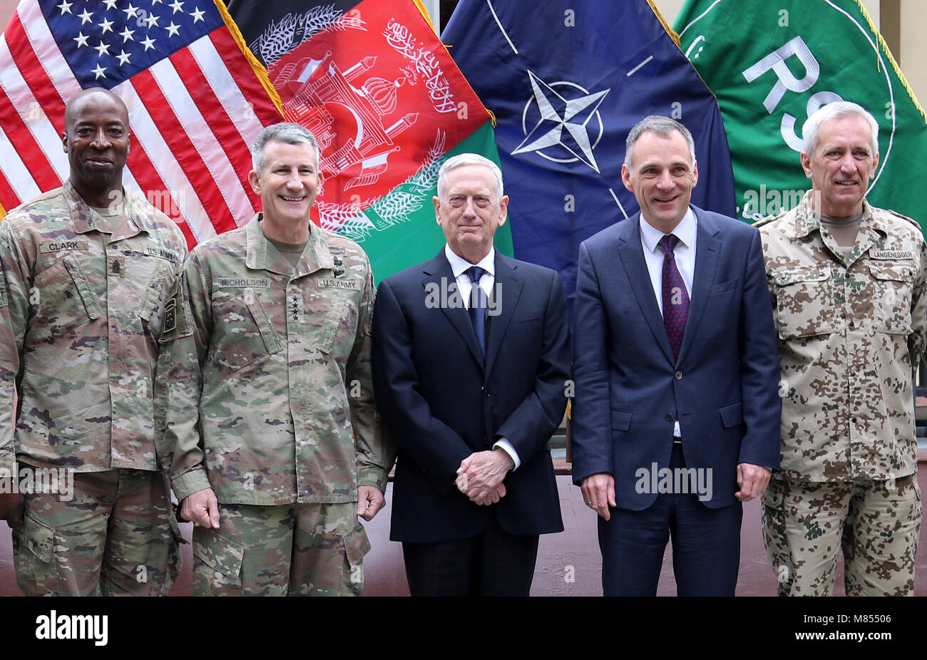 U.S. Secretary of Defense James Mattis visited Resolute Support Mission headquarters in Kabul, Afghanistan, meeting with Gen. John Nicholson, Resolute Support commander, and other senior NATO and Afghan officials to discuss both the military effort and the potential for peace between the Taliban and the Afghan government March 13, 2018. (Photos by Erickson Barnes) Stock Photo