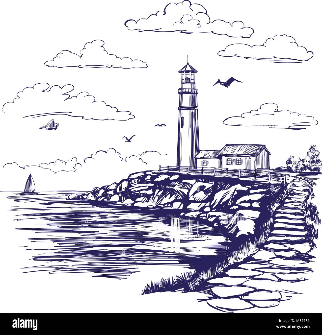 lighthouse and sea landscape hand drawn vector illustration realistic sketch Stock Vector