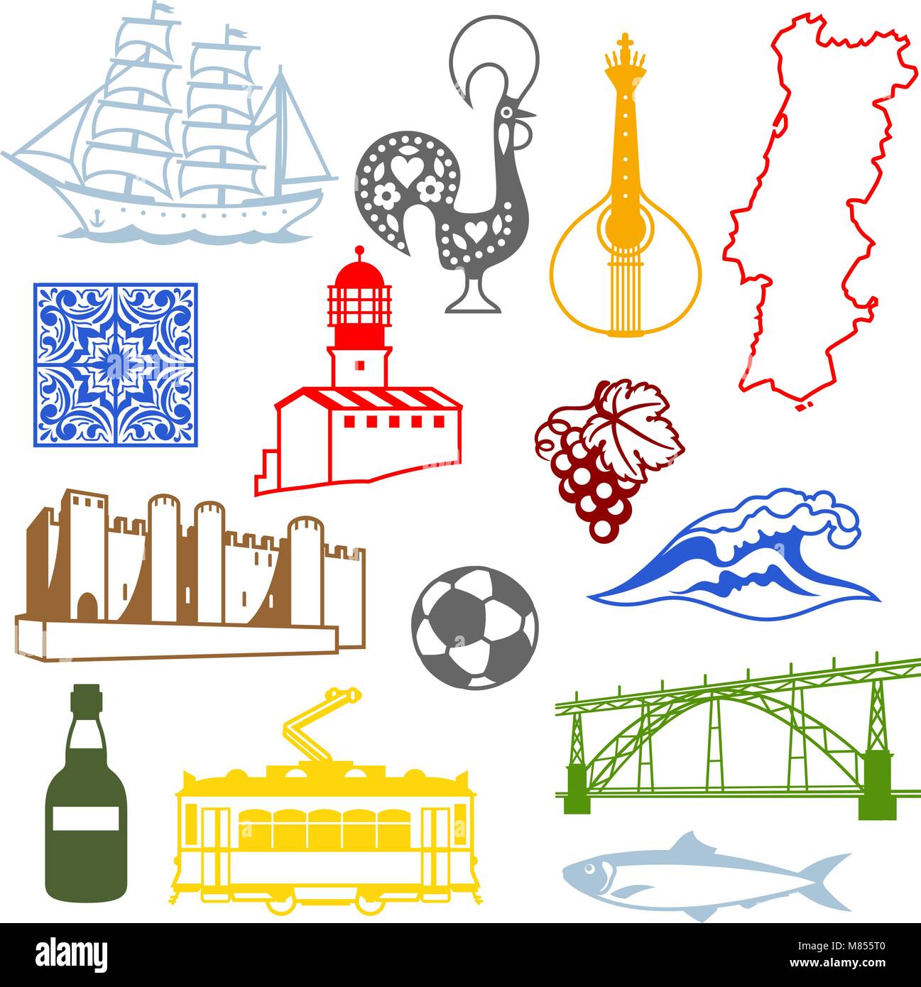 Portugal icons set. Portuguese national traditional symbols and objects Stock Vector