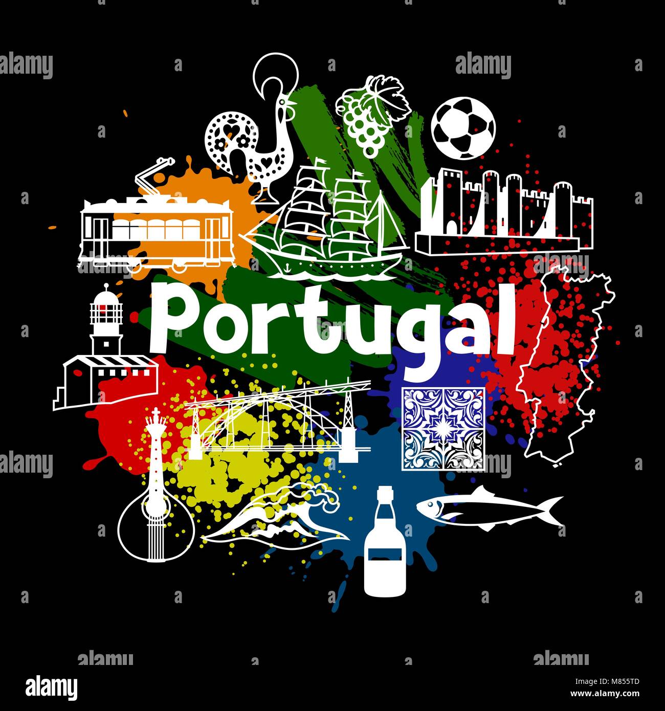 Portugal print design. Portuguese national traditional symbols and objects Stock Vector