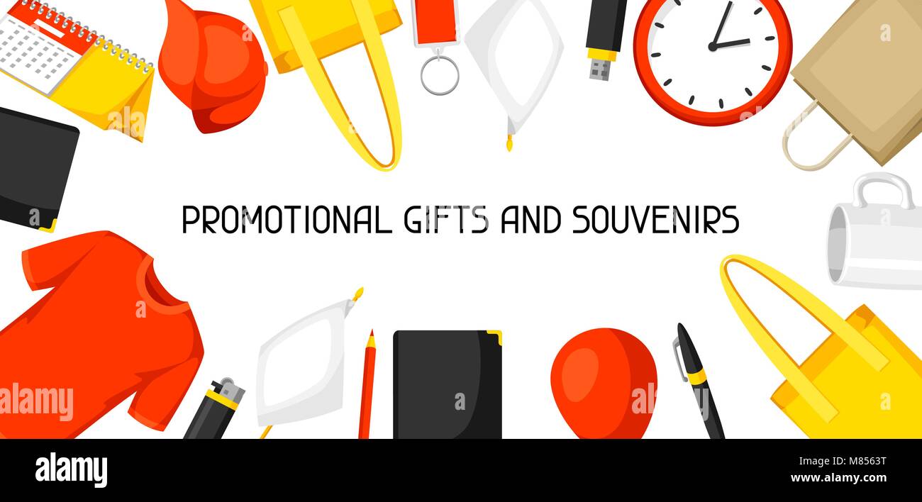 Advertising background with promotional gifts and souvenirs Stock