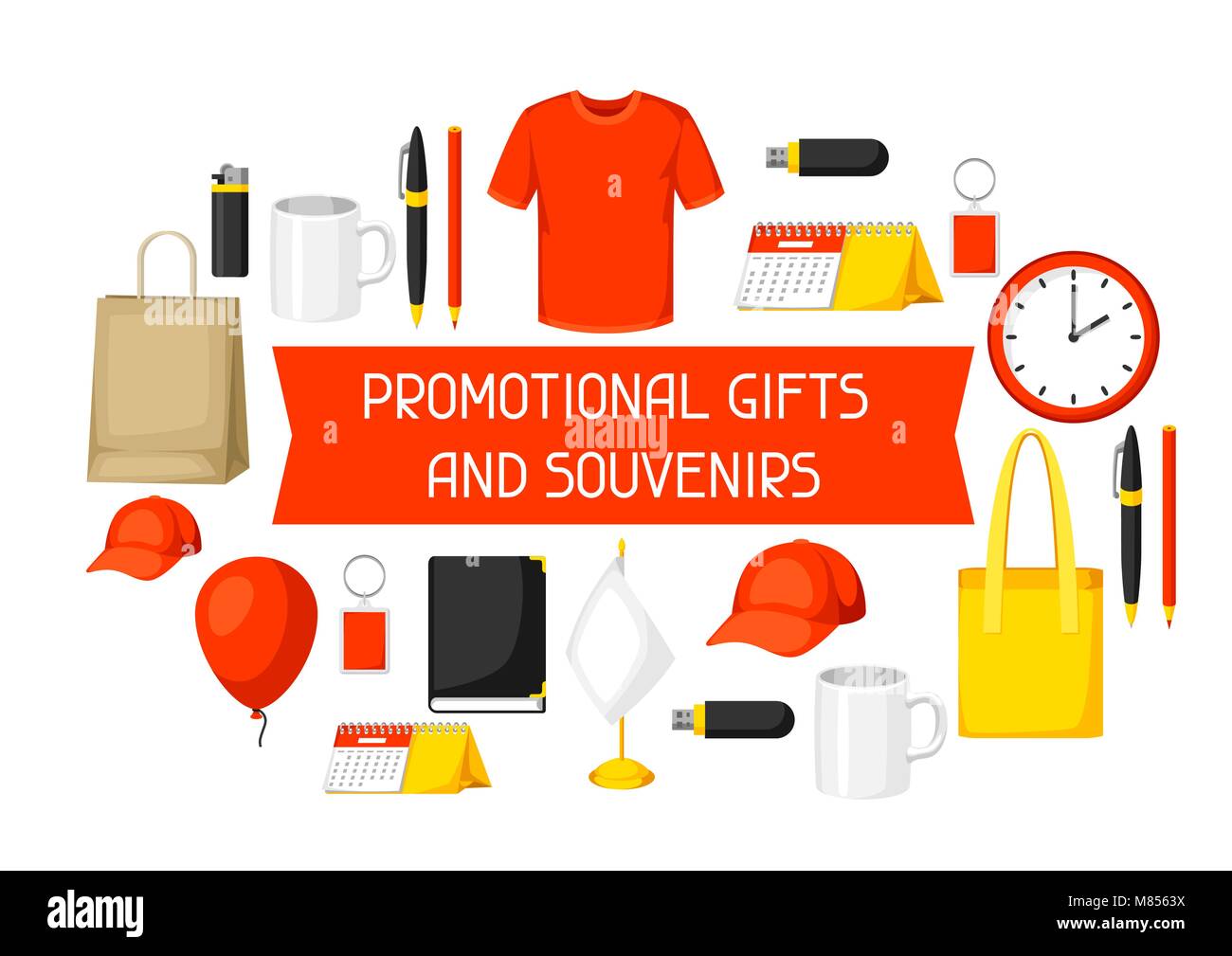 Advertising background with promotional gifts and souvenirs Stock
