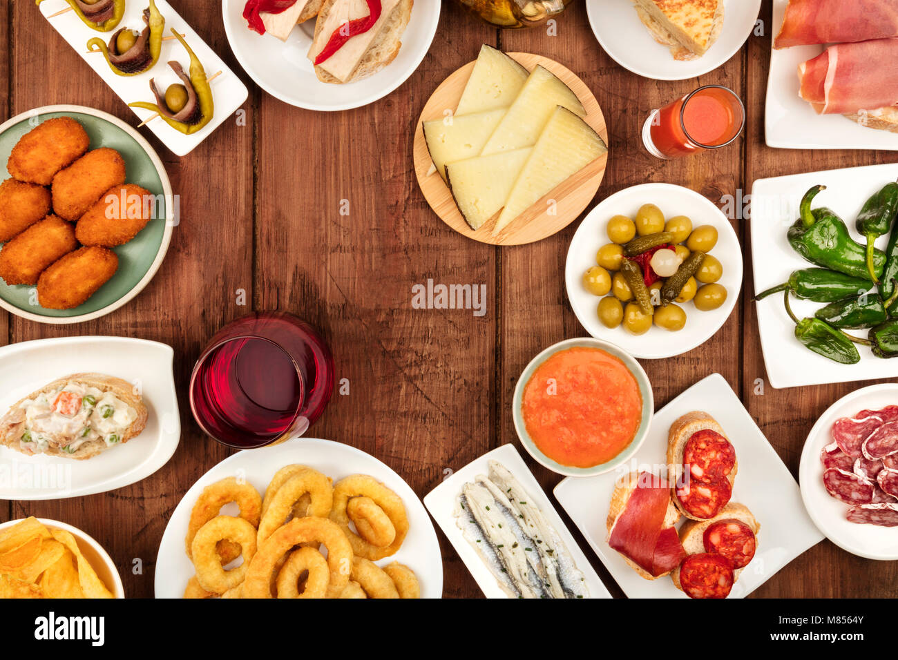 The food of Spain. An overhead photo of many different Spanish tapas
