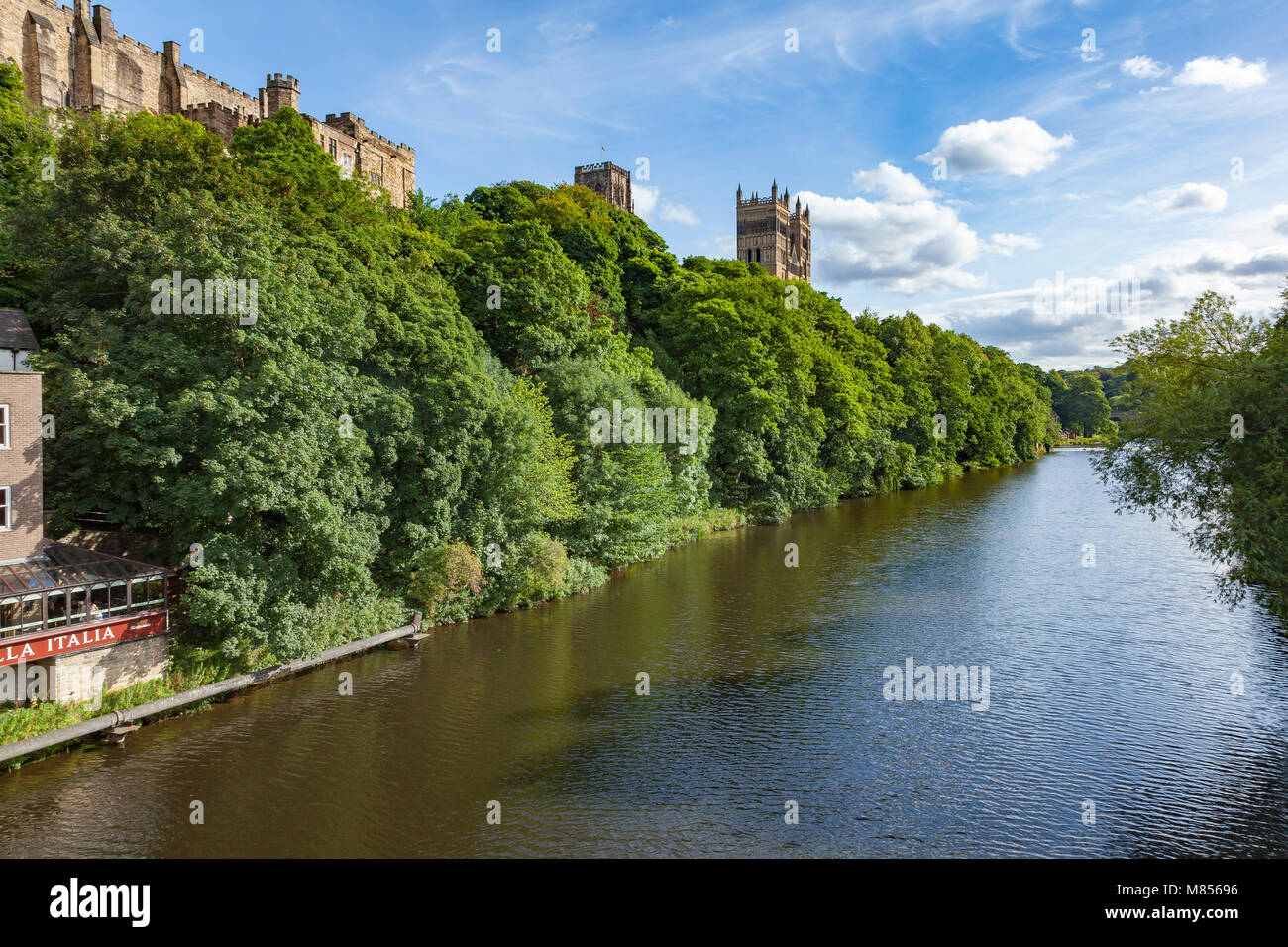 A view along the River Wear from Framwellgate Bridge in the Center of Durham, a view of the Cathedral and Castle, UK Stock Photo