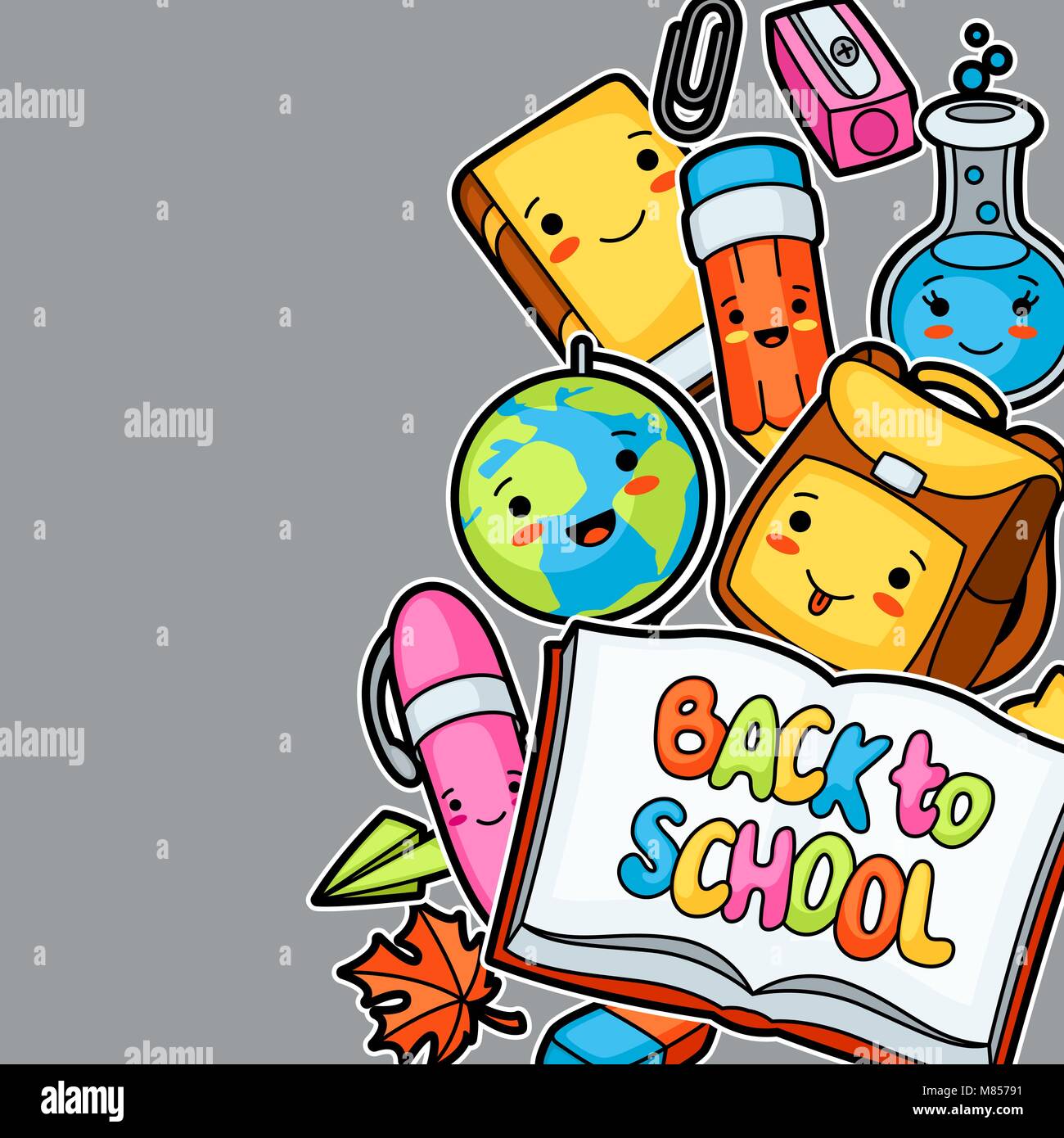 Back to school. Kawaii background with cute education supplies Stock Vector  Image & Art - Alamy
