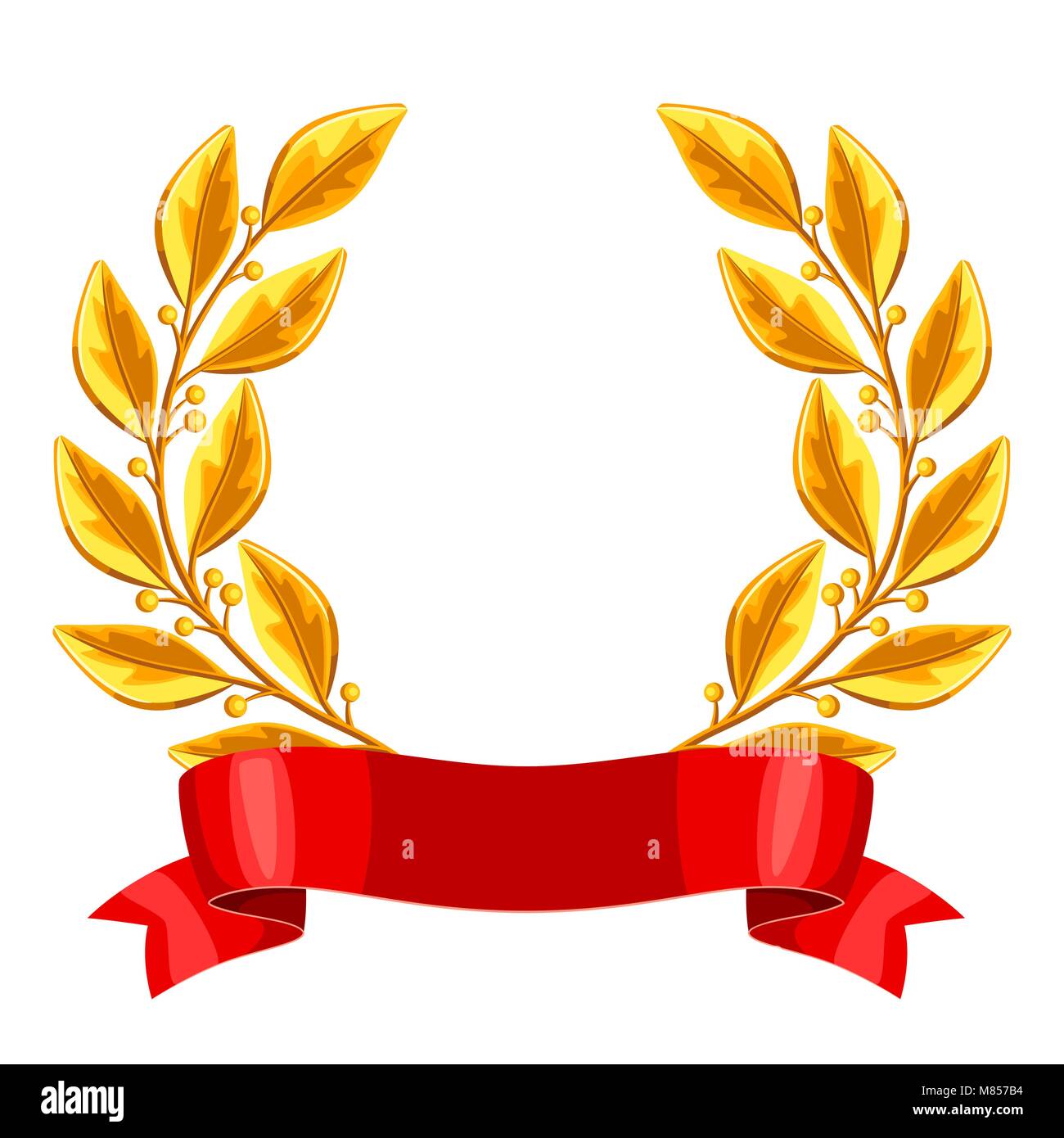 Realistic gold laurel wreath with red ribbon. Illustration of award for sports or corporate competitions Stock Vector