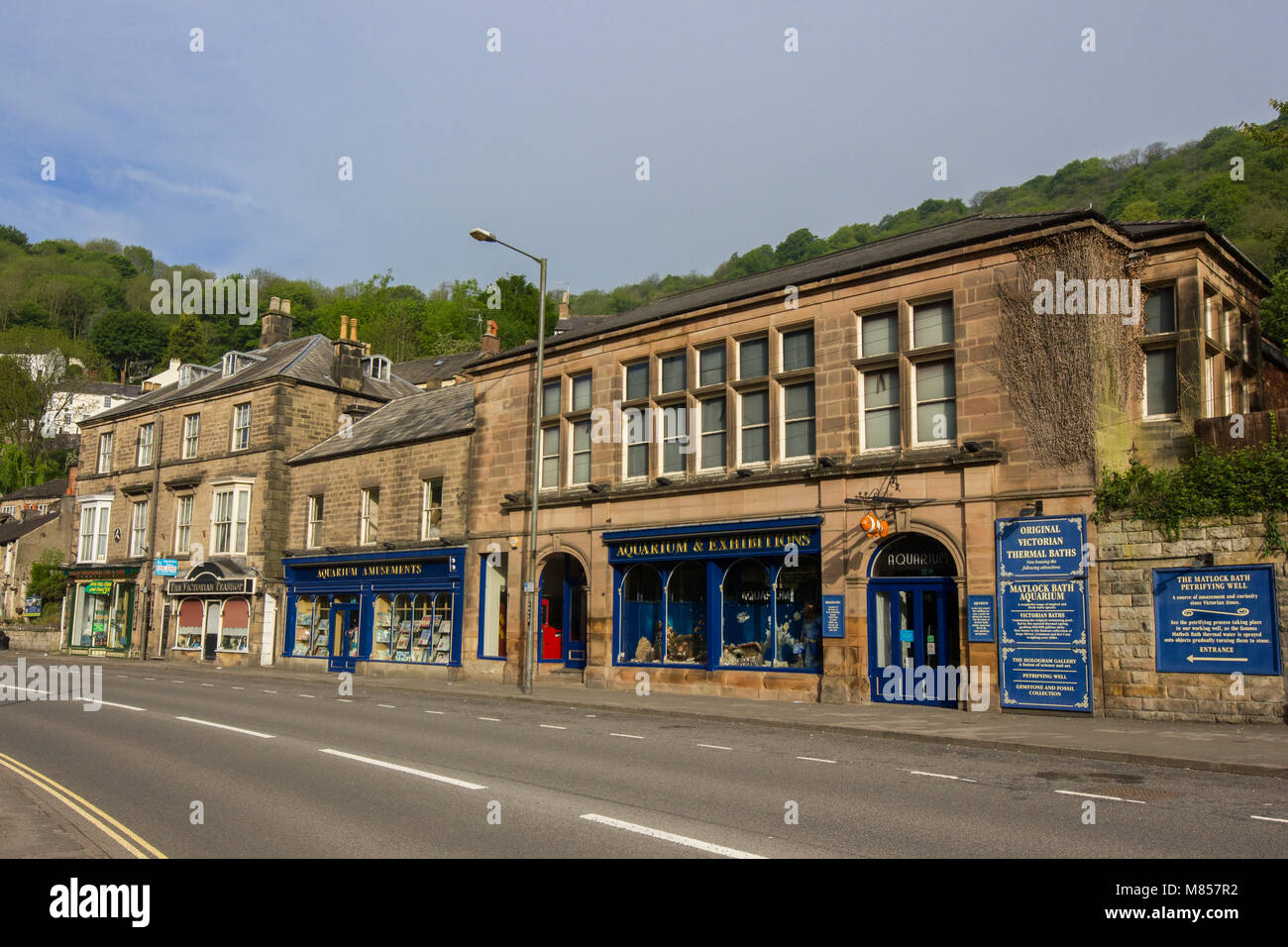 Matlock bath street view, showing aquarium on a sunny day Stock Photo