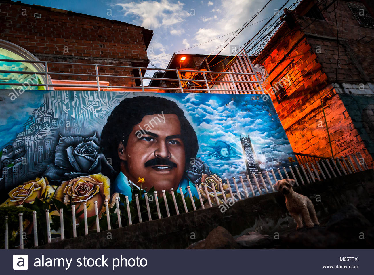 A large mural artwork depicting the lord Pablo Escobar is seen painted on
