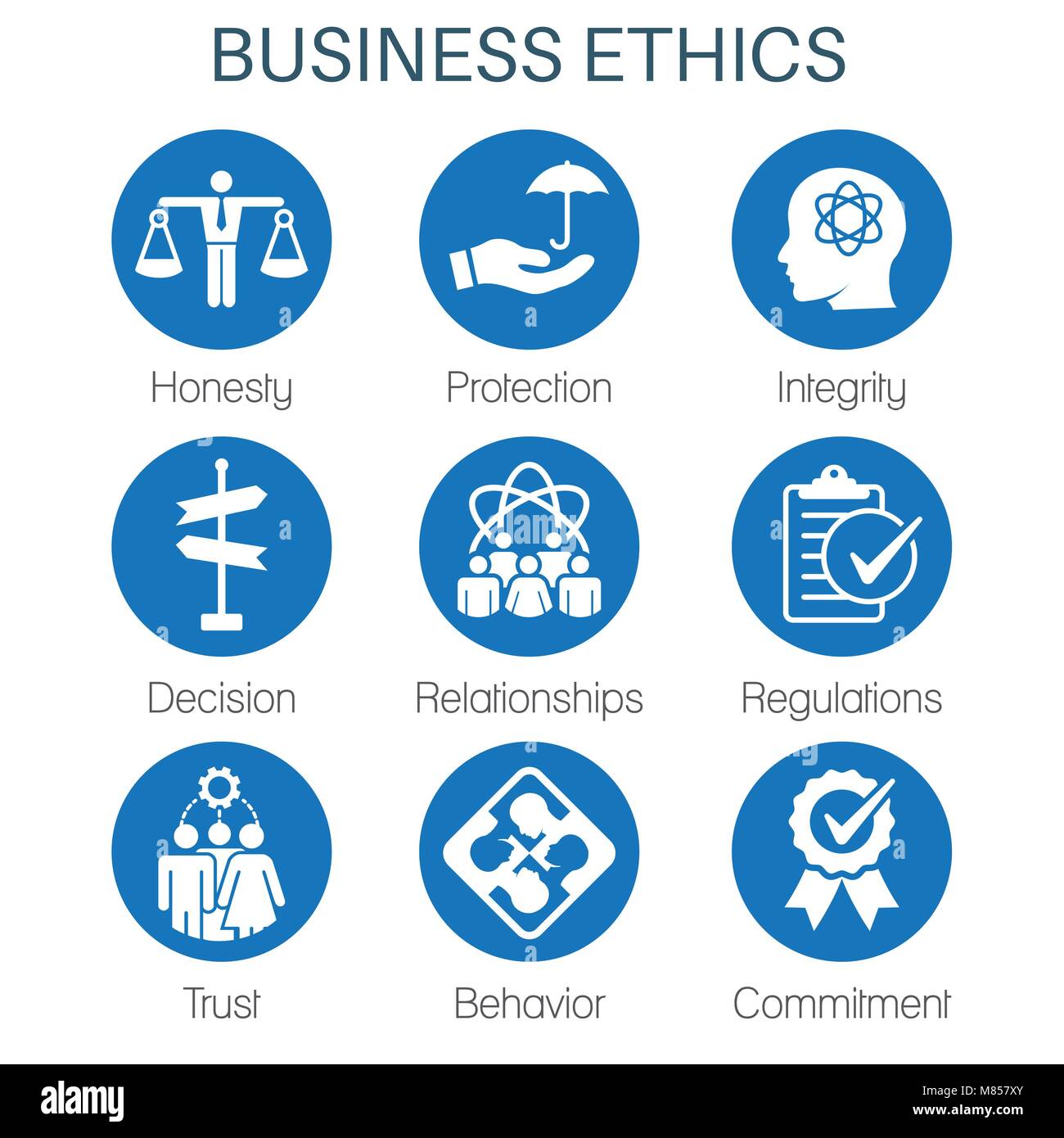 Business Ethics Solid Icon Set with Honesty, Integrity, Commitment, & Decision Stock Vector