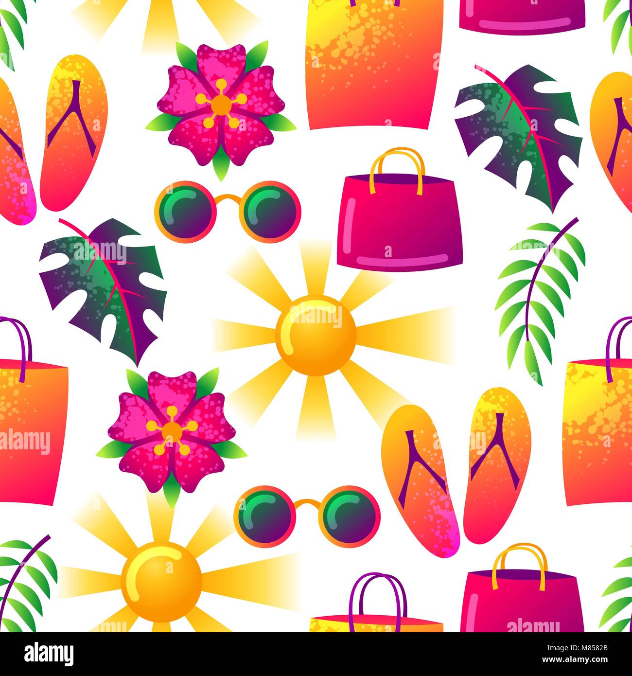 Summer seamless pattern with colorful elements. Sun, palm leaves and ...