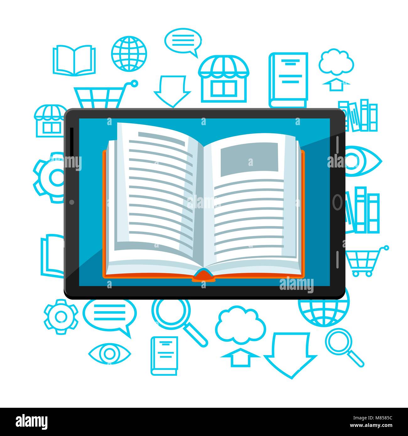 Digital library concept. Tablet with open book. Ebook online reading