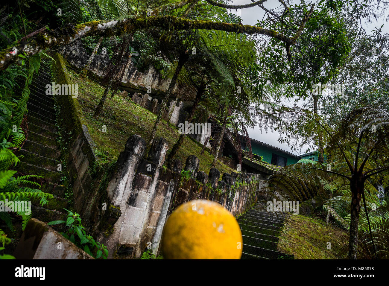 Concrete stairs and ruined walls of Pablo Escobar’a prison “La Catedral” are seen amongst the tropical forest trees close to Envigado, Colombia. Stock Photo