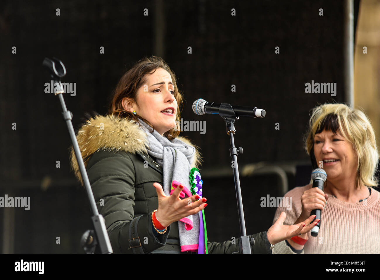Victoria Atkins MP speaking at the March 4 Women women's equality protest organised by Care International in London, UK Stock Photo