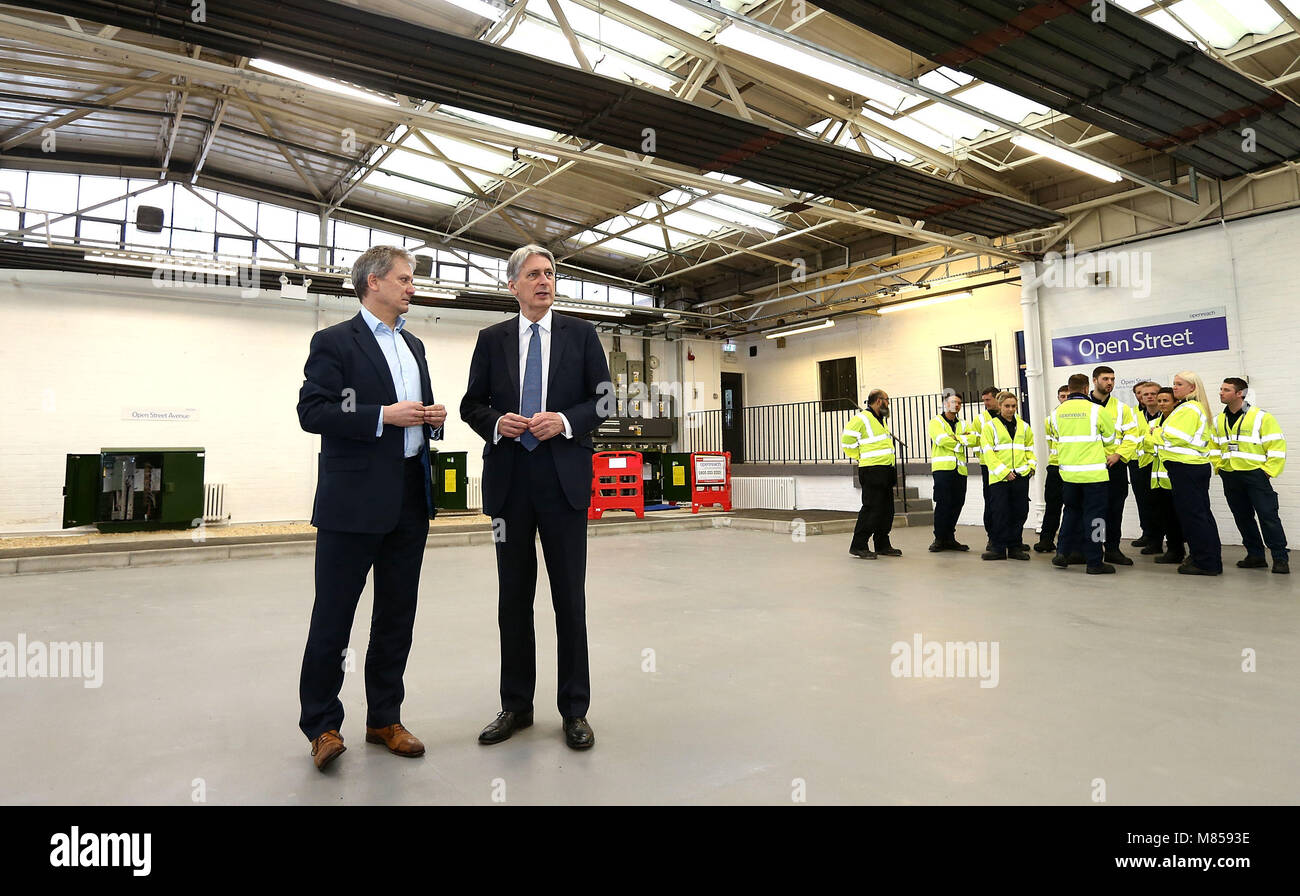 Chancellor Philip Hammond with Clive Selley, Openreach Chief Executive as he is given a tour of