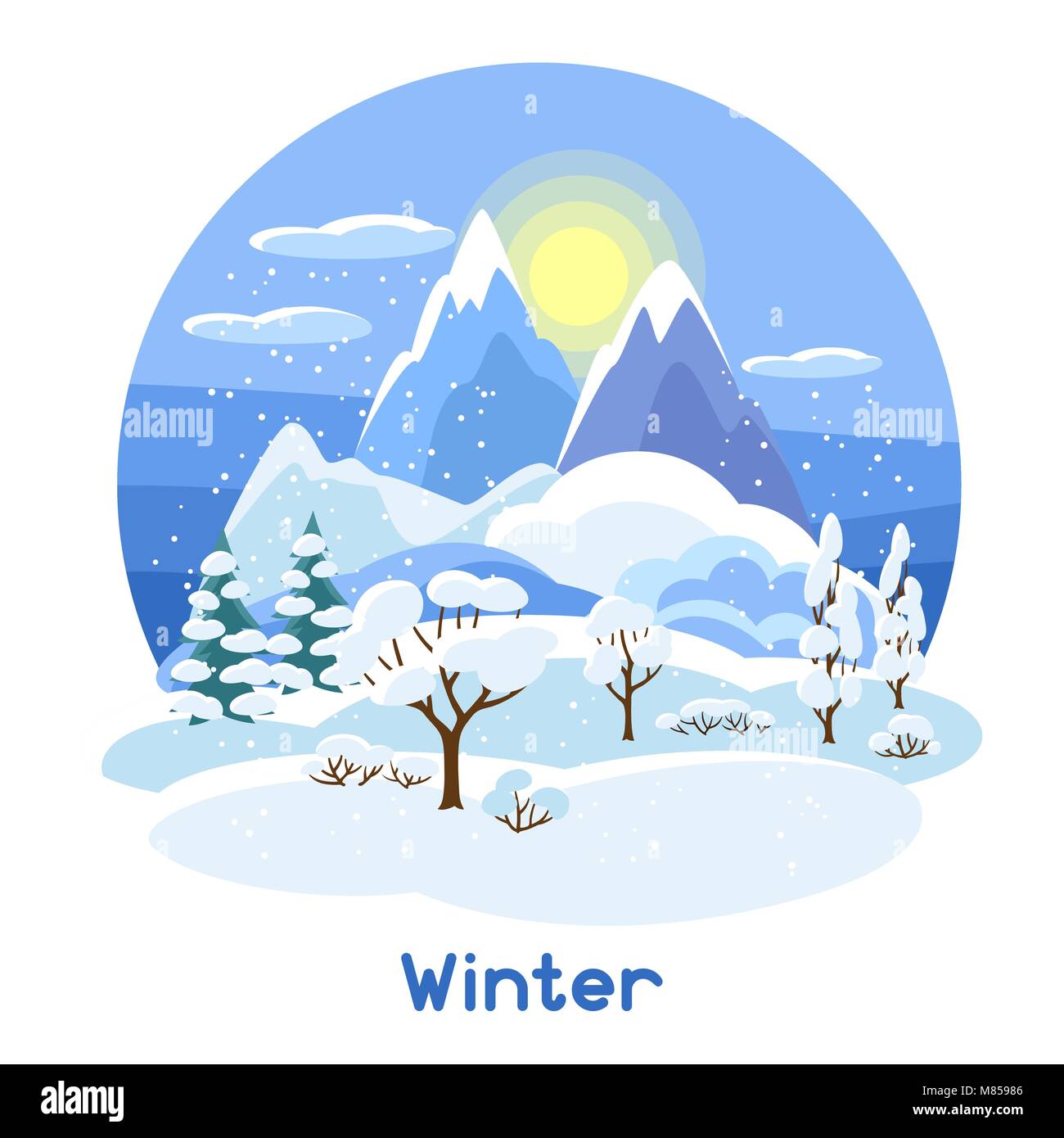 Winter landscape with trees, mountains and hills. Seasonal illustration Stock Vector