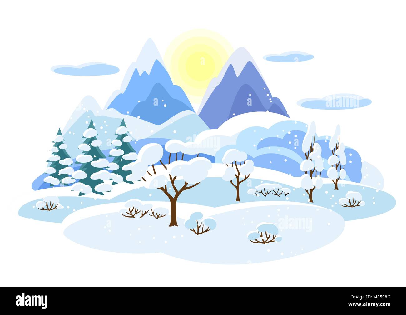 Winter landscape with trees, mountains and hills. Seasonal illustration Stock Vector