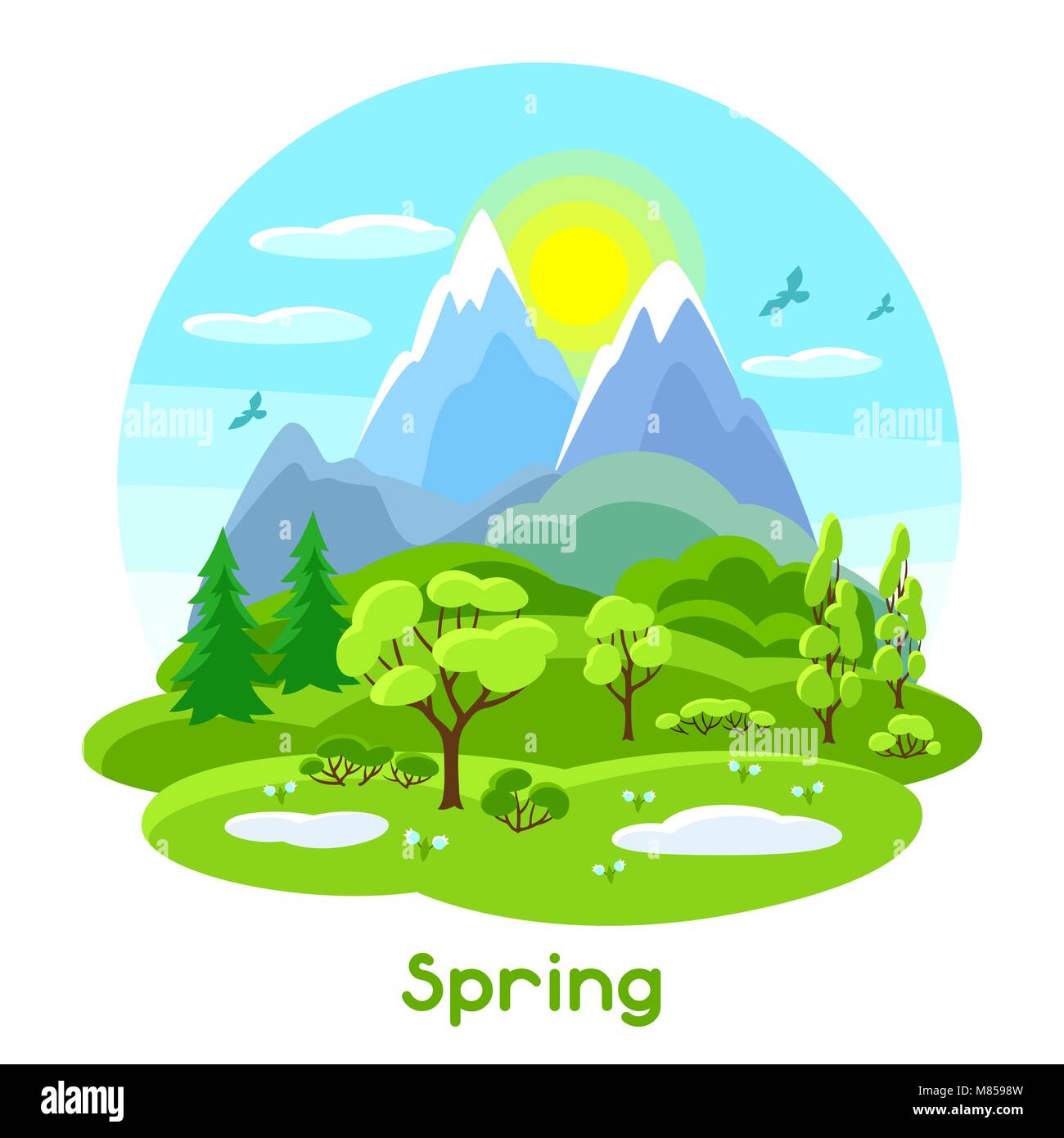 Spring landscape with trees, mountains and hills. Seasonal illustration ...