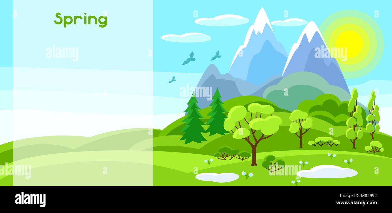 Spring banner with trees, mountains and hills. Seasonal illustration Stock Vector