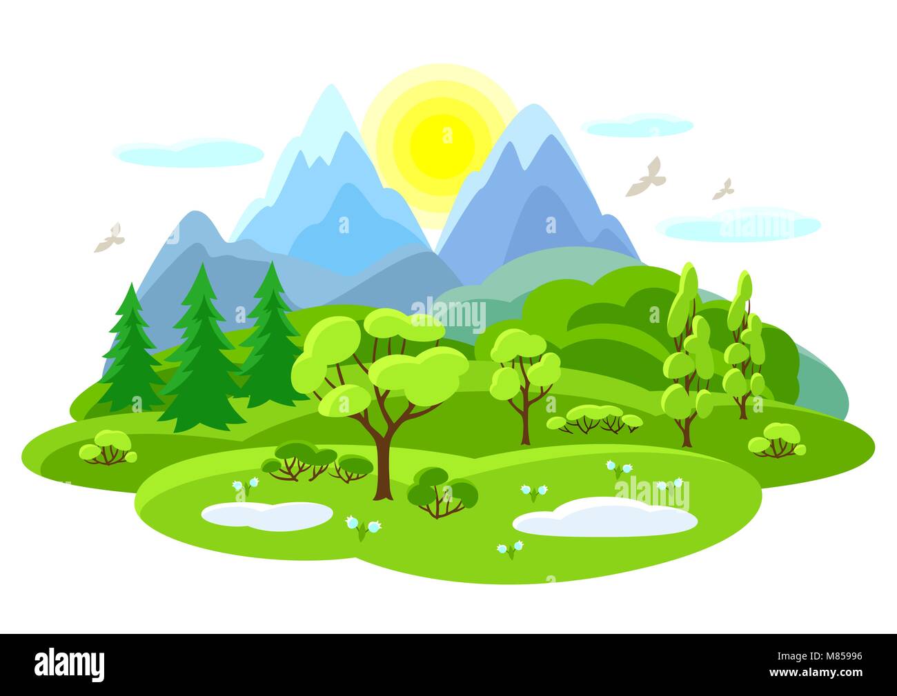 Spring landscape with trees, mountains and hills. Seasonal illustration ...