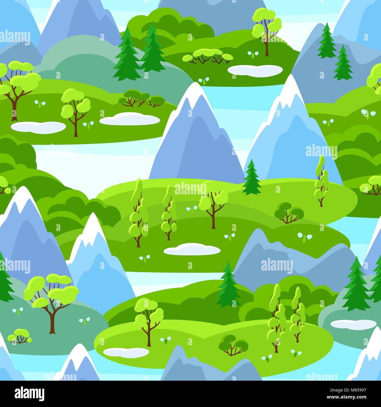 Spring seamless pattern with trees, mountains and hills. Seasonal ...