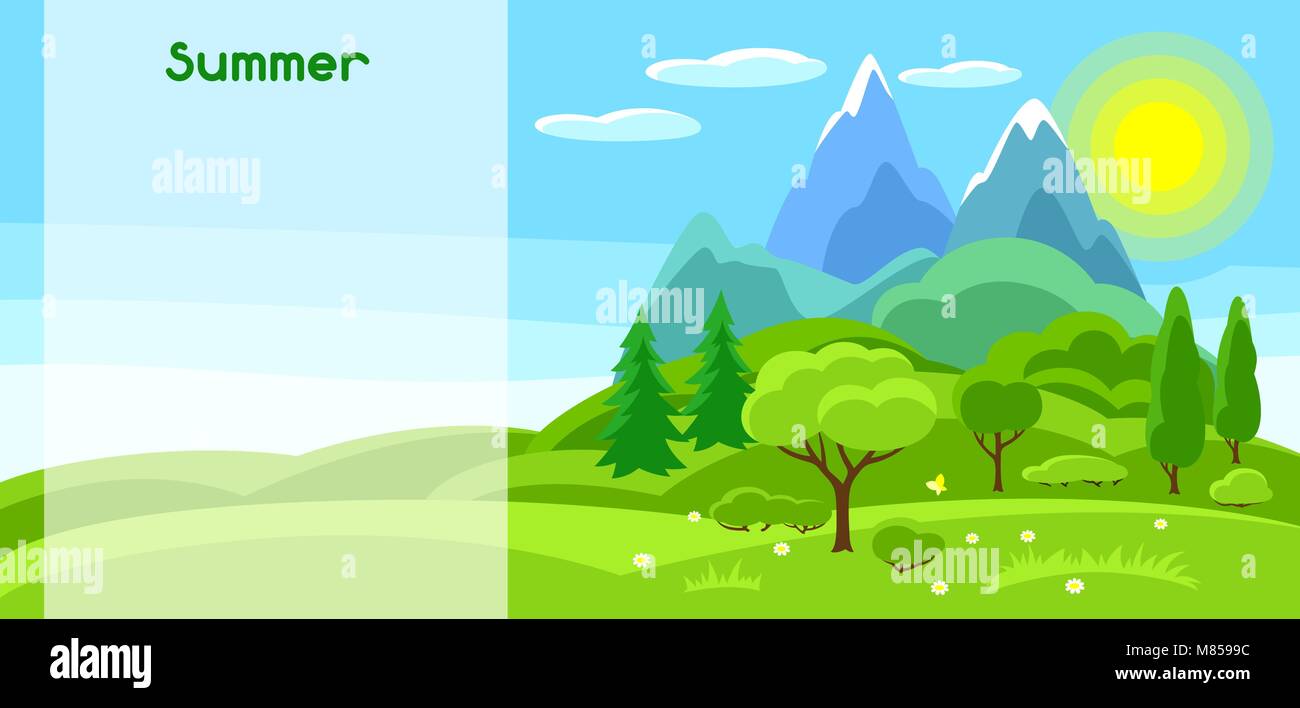 Summer banner with trees, mountains and hills. Seasonal illustration ...