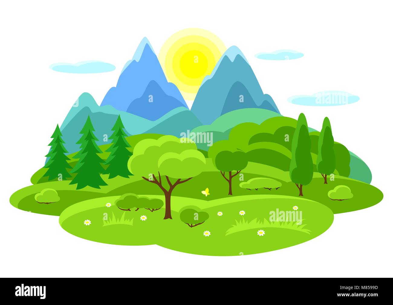 Summer landscape with trees, mountains and hills. Seasonal illustration ...