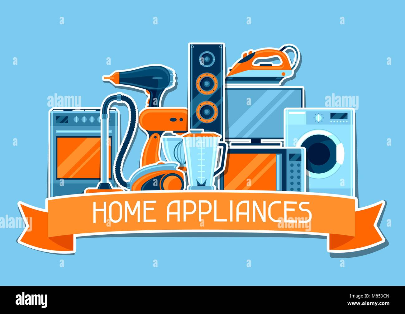 Background with home appliances. Household items for sale and shopping advertising poster Stock Vector