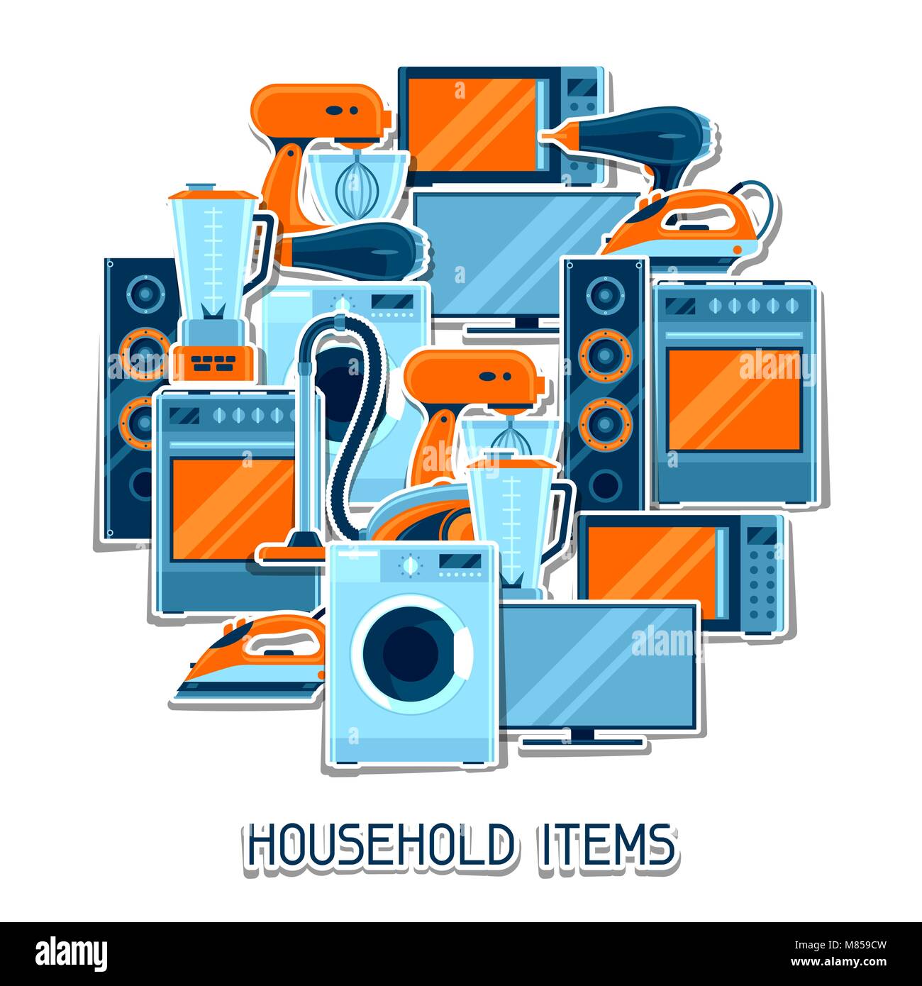 Background with home appliances. Household items for sale and shopping advertising poster Stock Vector