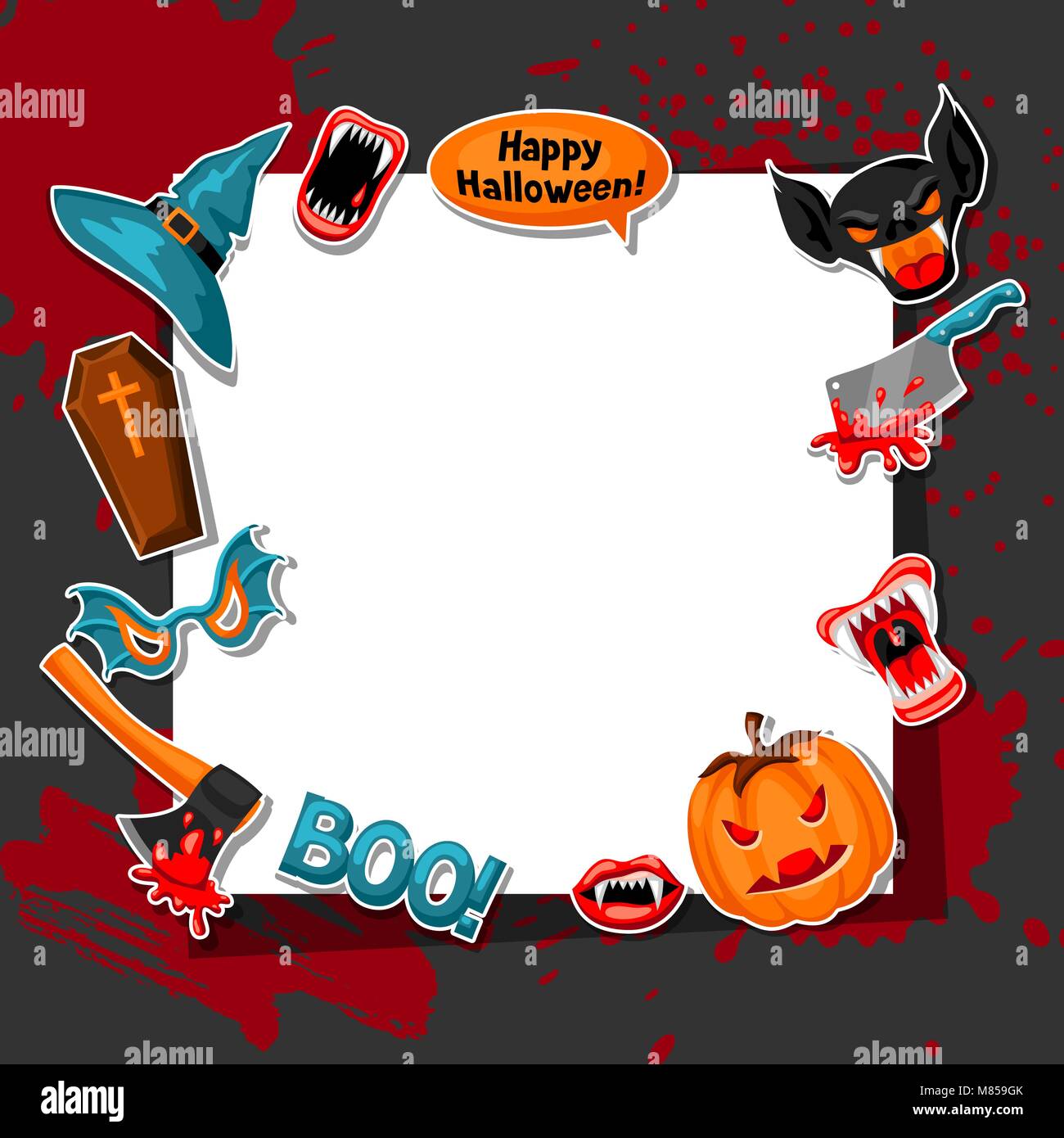 Happy Halloween frame with cartoon holiday sticker symbols. Invitation ...