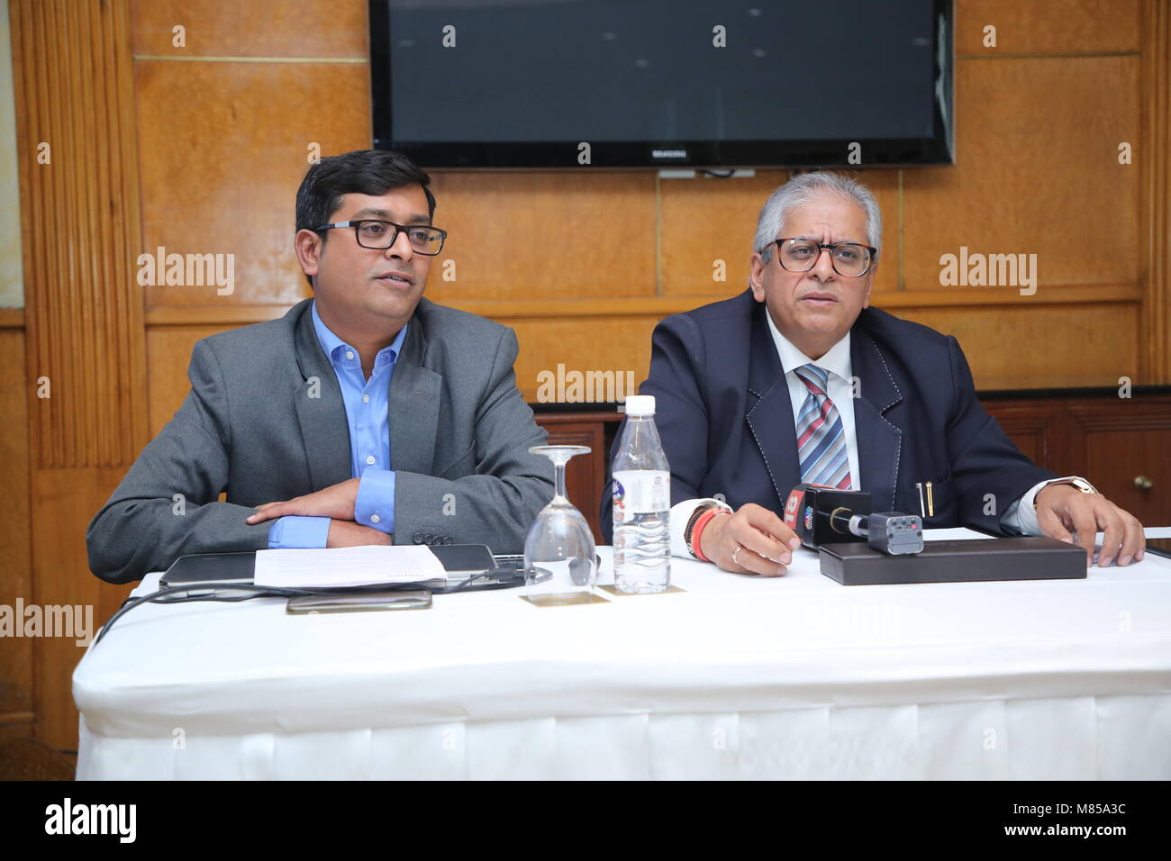 New Delhi, India. 15th Apr, 2018. Harish R, Head of Sleep & Respiratory Care at Philips and Dr Sanjay Manchanda, Honorary Consultant. Chairperson Sleep Medicine Sir Ganga Ram Hospital addressing the media at Philips press conference during World Sleep Day, Philips India intensifies awareness on sleep disorders. Credit: Jyoti Kapoor/Pacific Press/Alamy Live News Stock Photo