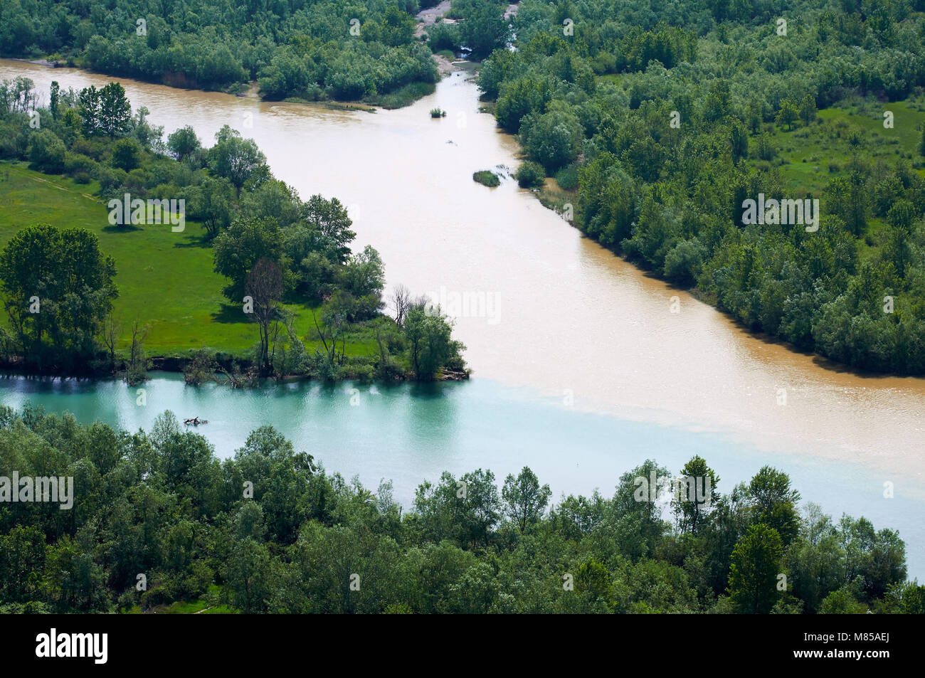 View of the Buna River after the confluence with the Drin River, Shkodra, Albania Stock Photo