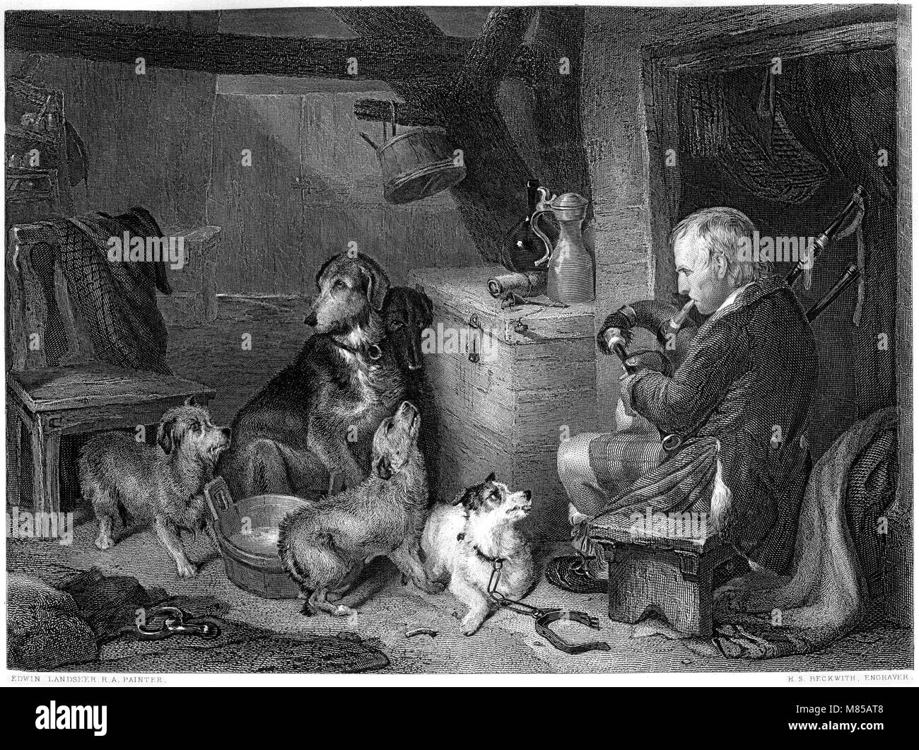 Engraving entitled Highland Music from the picture by Sir Edwin Henry Landseer in the Vernon Gallery scanned at high resolution from a book of 1869. Stock Photo