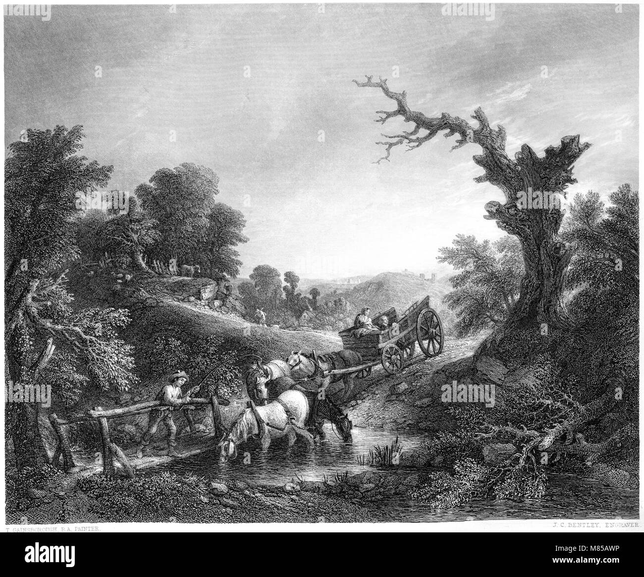 Engraving entitled The Brook By The Way from the picture by Thomas Gainsborough in the Vernon Gallery scanned at high resolution from a book of 1849. Stock Photo