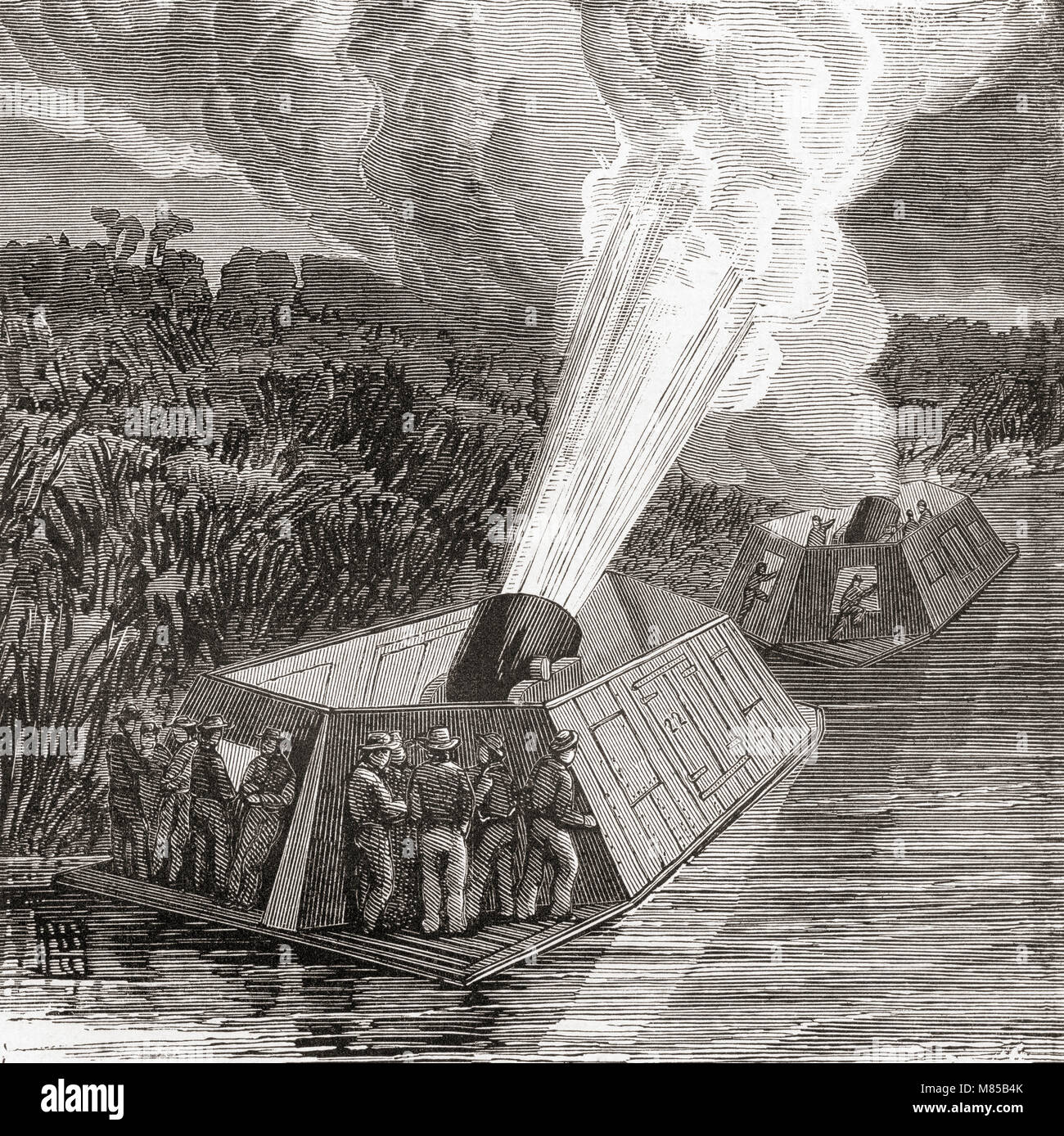 Bombardment by mortar boats on the Mississippi during the American Civil War, 1861-1865.   From Ward and Lock's Illustrated History of the World, published c.1882. Stock Photo