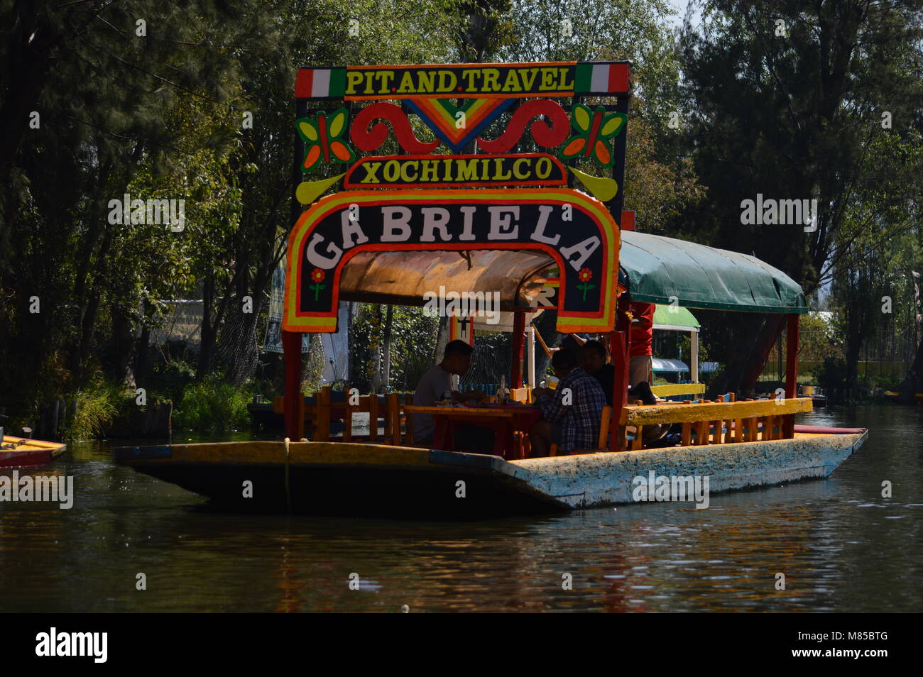 A trajinera in Xochimilco, Mexico City Stock Photo
