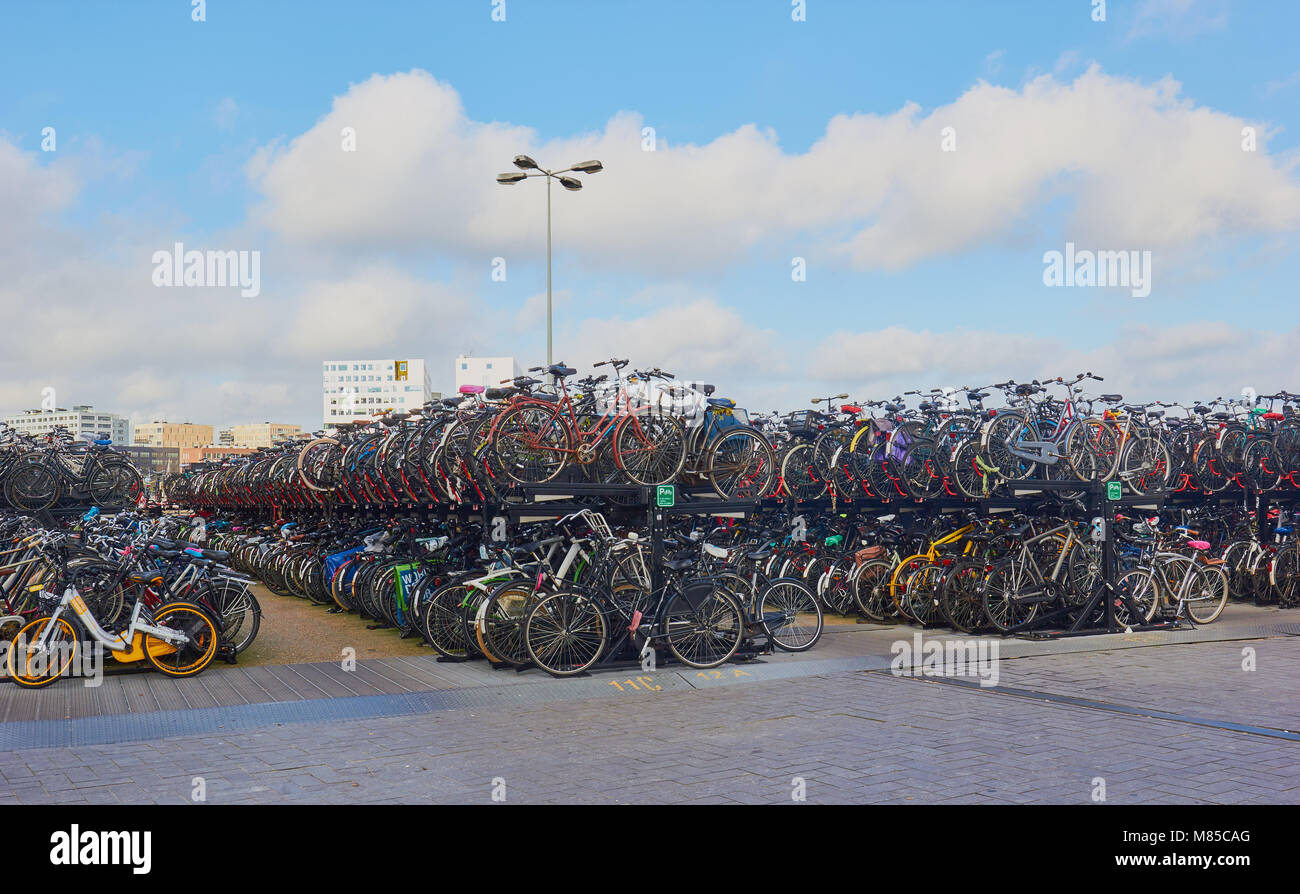 Double decker bicycle park, Amsterdam, Netherlands Stock Photo