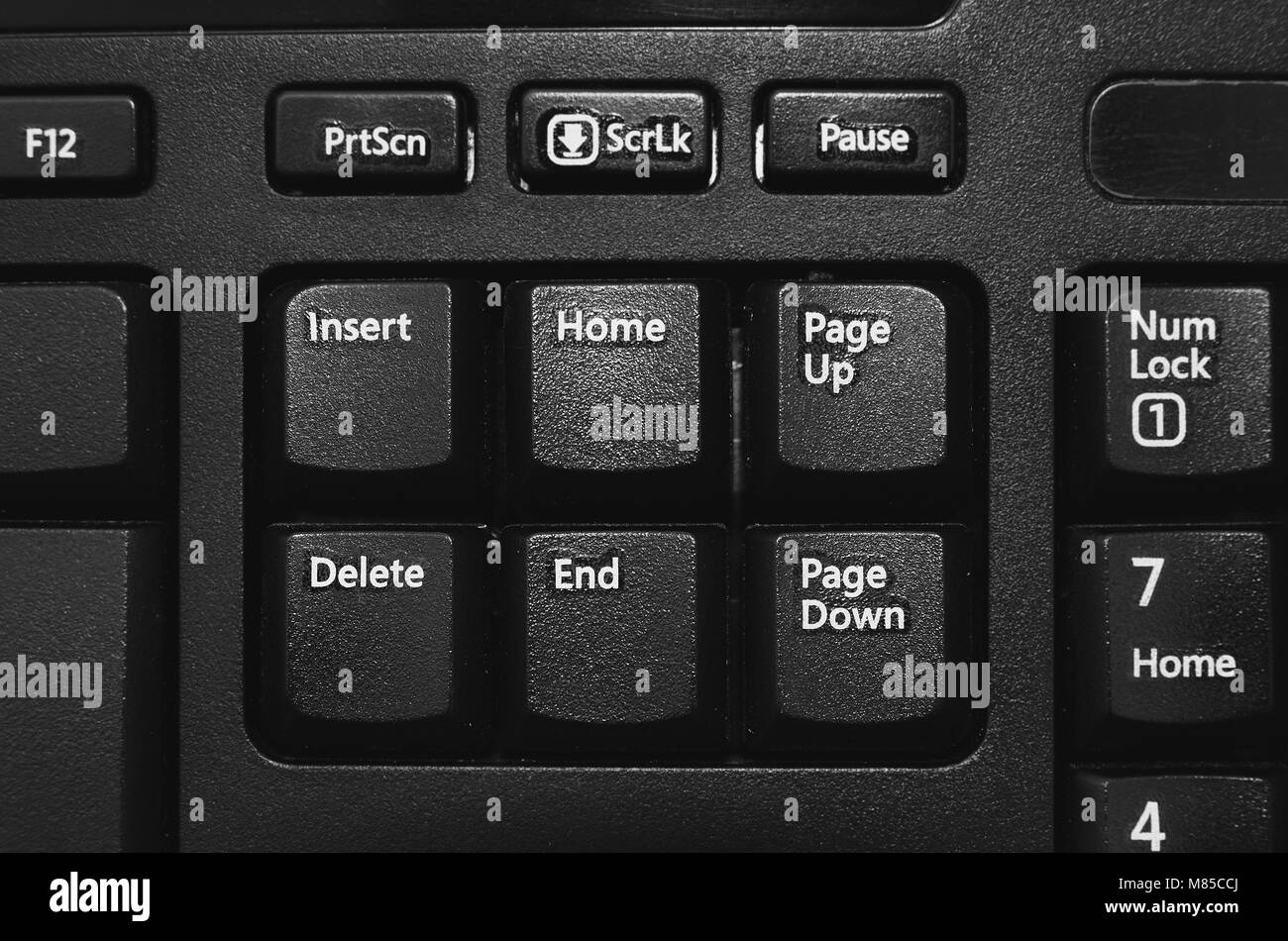 Close up on the Insert, Home, Page up, Delete, End, Page down buttons from a black pc keyboard. Stock Photo