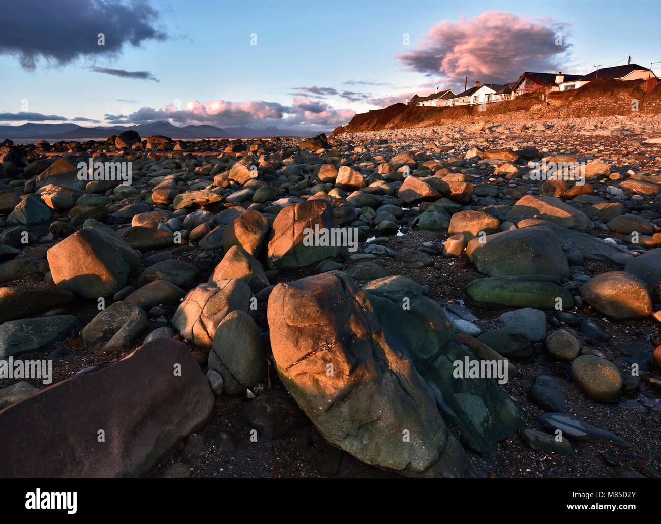 The rocky Llandanwg Beach is warmly lit as the sun sets over Tremadog Bay along the North Welsh Coast. Stock Photo