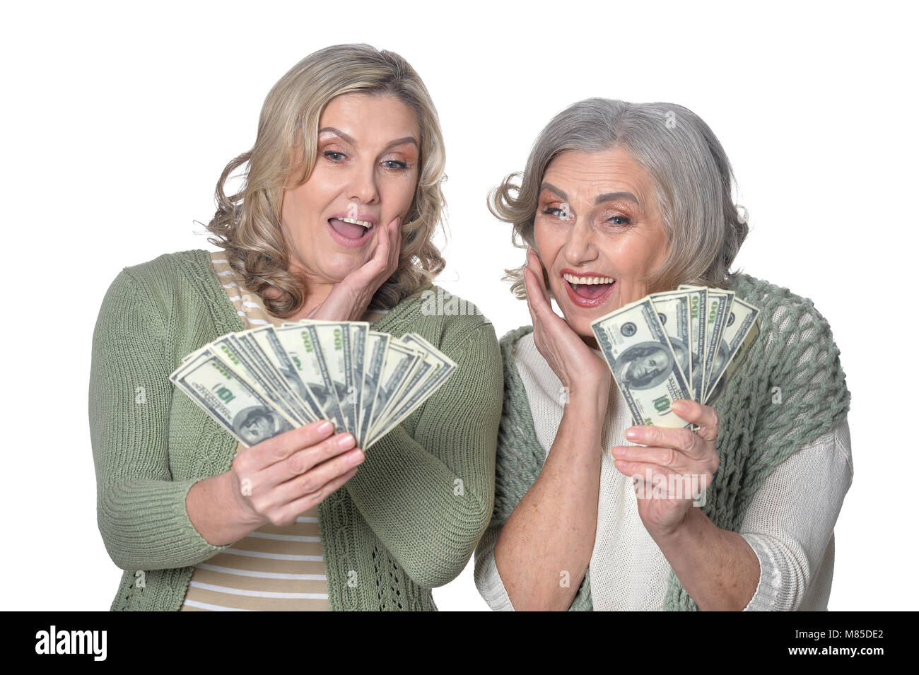 smiling women with money bills Stock Photo