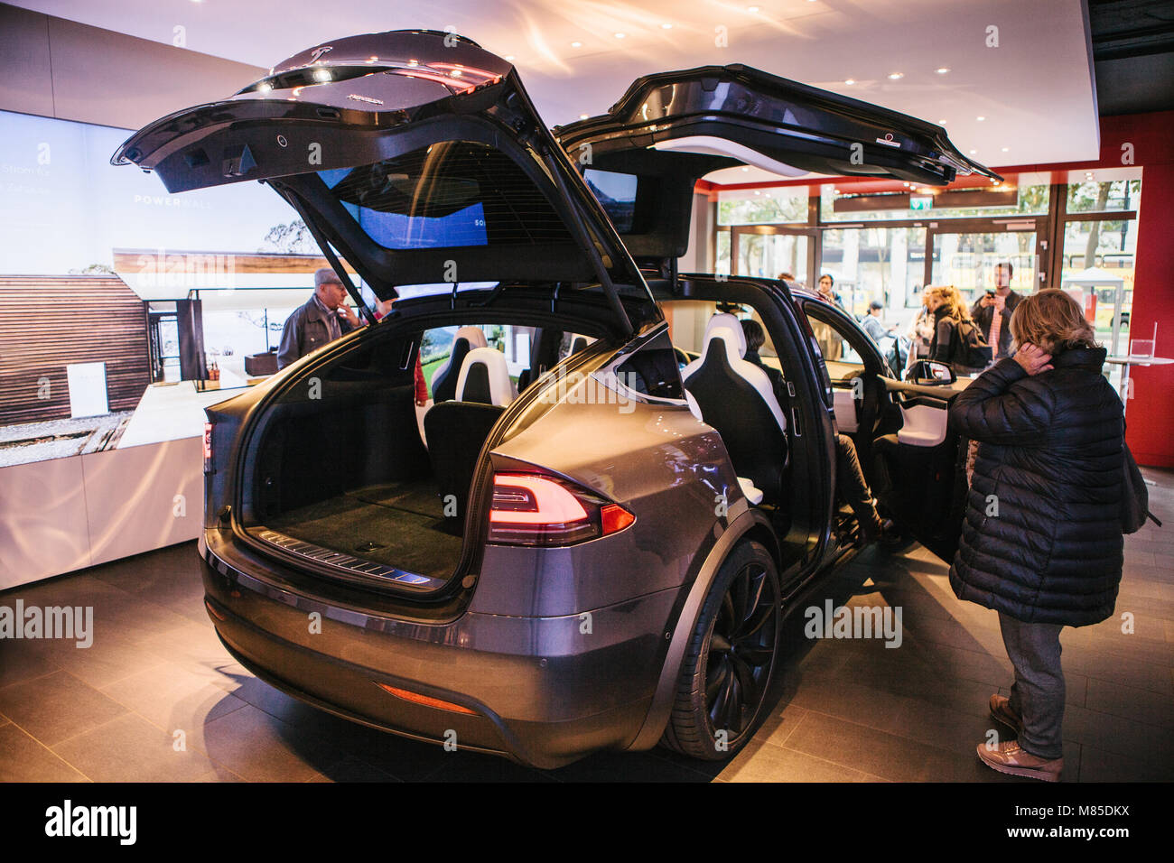 Presentation of an electric vehicle Tesla model X at the Tesla motor show in Berlin. Stock Photo