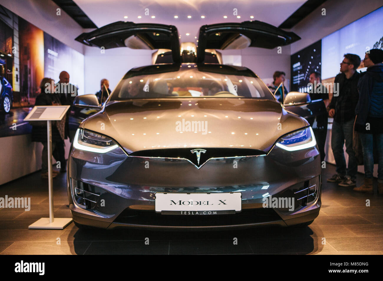 Presentation of an electric vehicle Tesla model X at the Tesla motor show in Berlin. Stock Photo