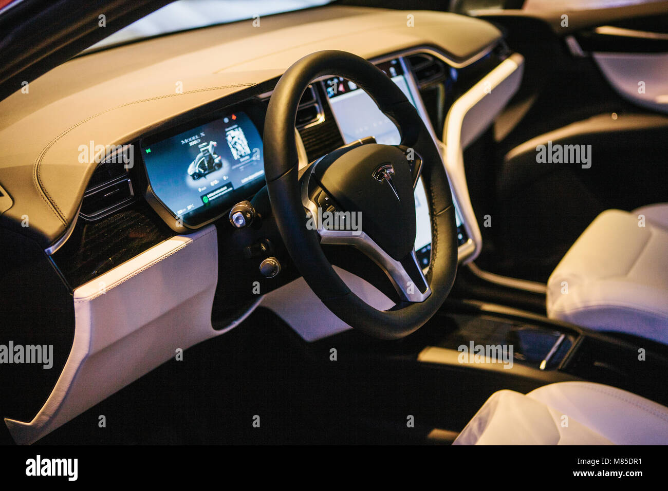 Interior Of An Electric Car Tesla Model X Rudder With The