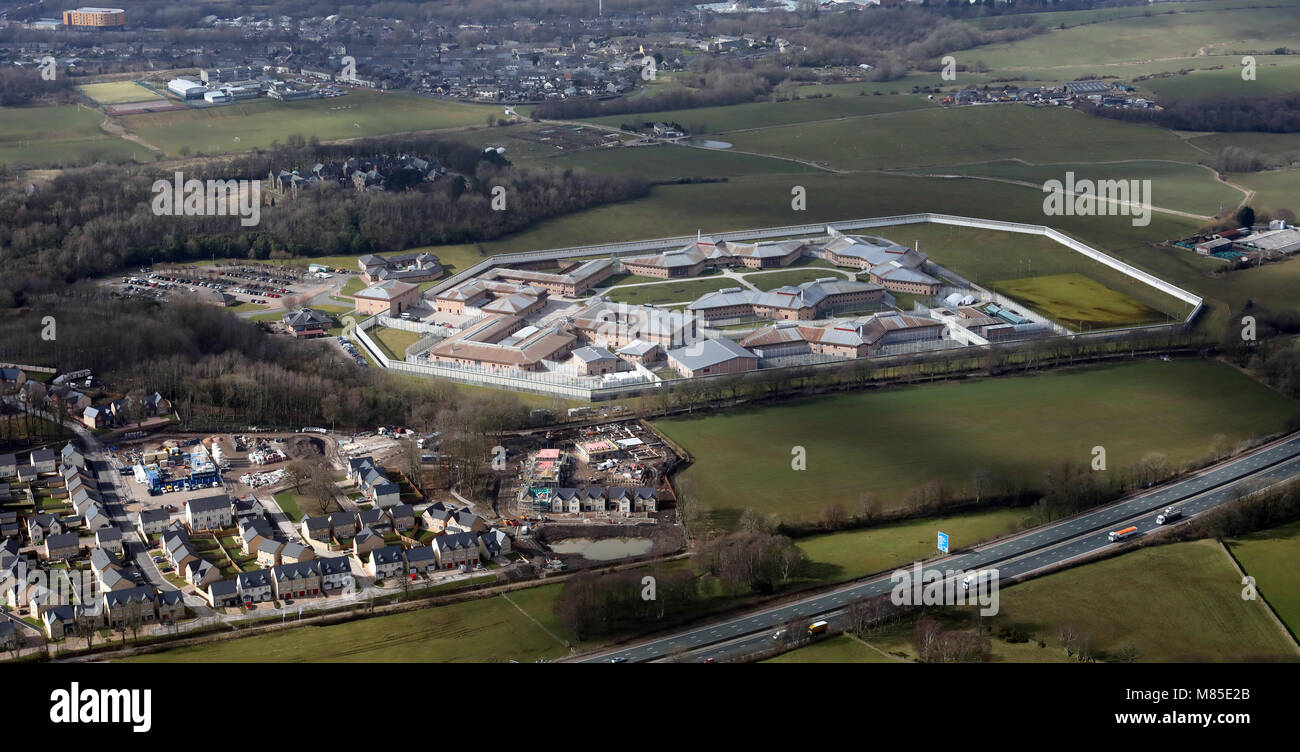 aerial view of HMP Lancaster Farms next to the M6 at Lancaster, UK Stock Photo