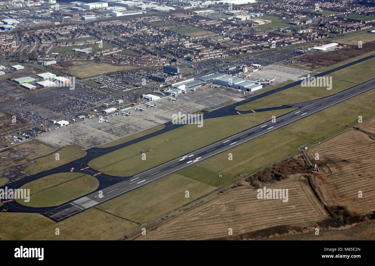 aerial view of the runway at Liverpool John Lennon Airport, UK Stock Photo